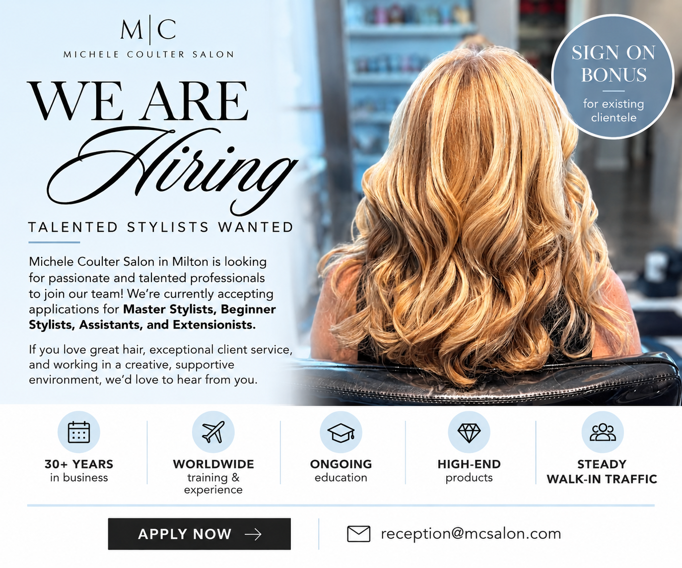 Michele Coulter Salon is hiring stylists, assistants and extension specialists in Milton, Georgia