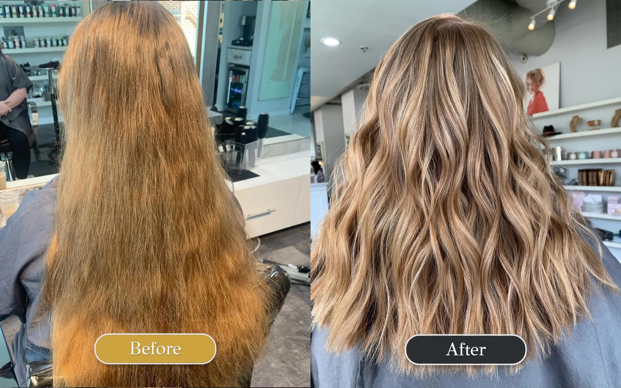 Before and after balayage hair color transformation at Michele Coulter Salon in Milton GA