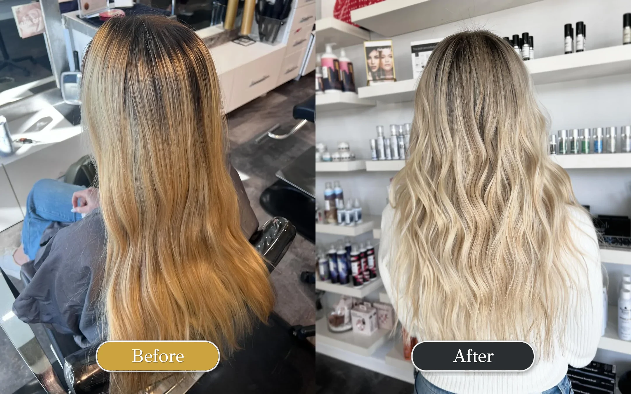 Before and after blonde highlights transformation at Michele Coulter Salon in Milton GA