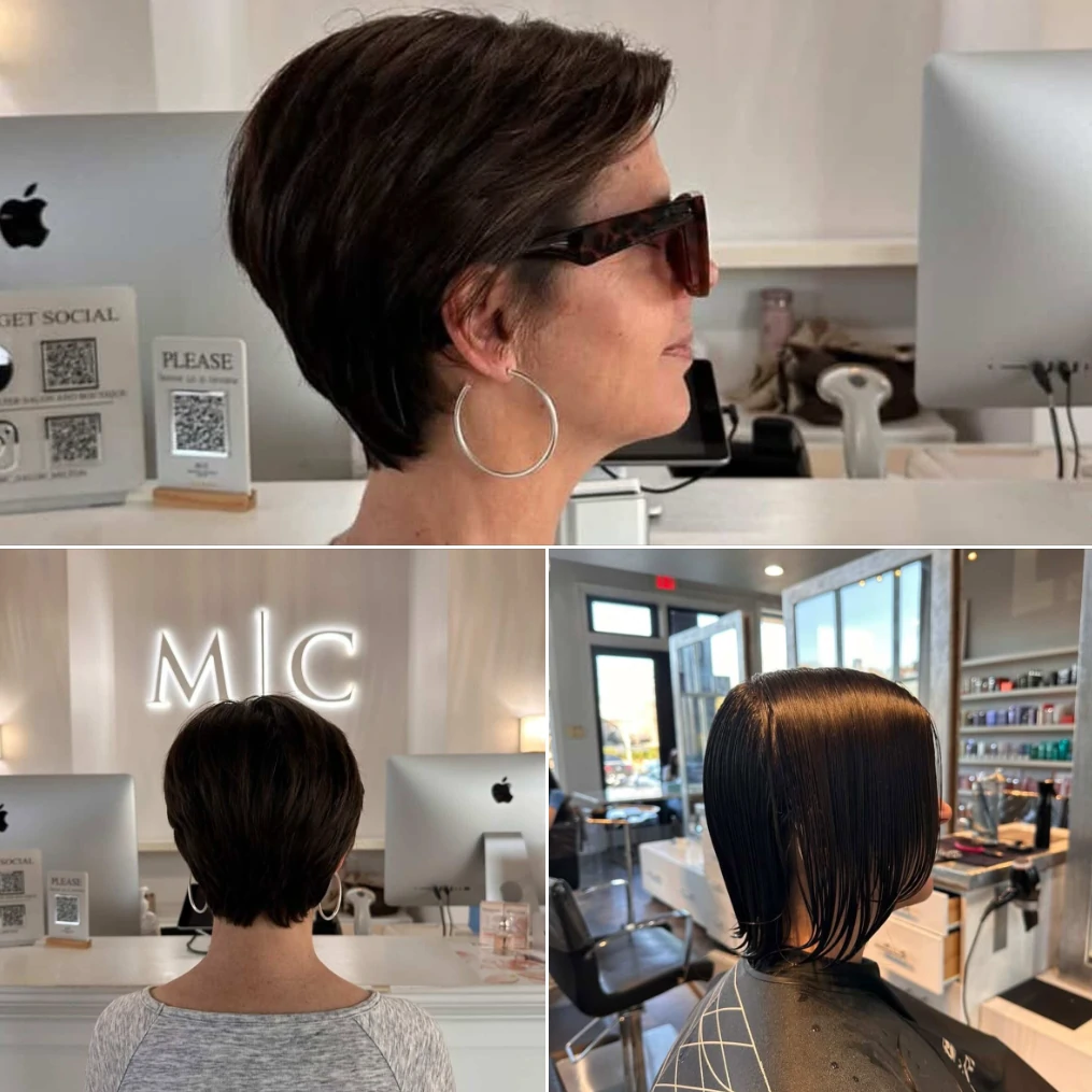 Short women's haircut with layered shape at Michele Coulter Salon in Milton GA